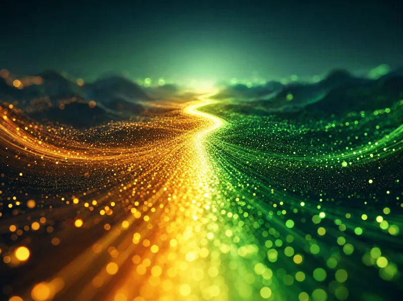 A stream of amber light and a stream of green light merge into one bright path that runs to the horizon.