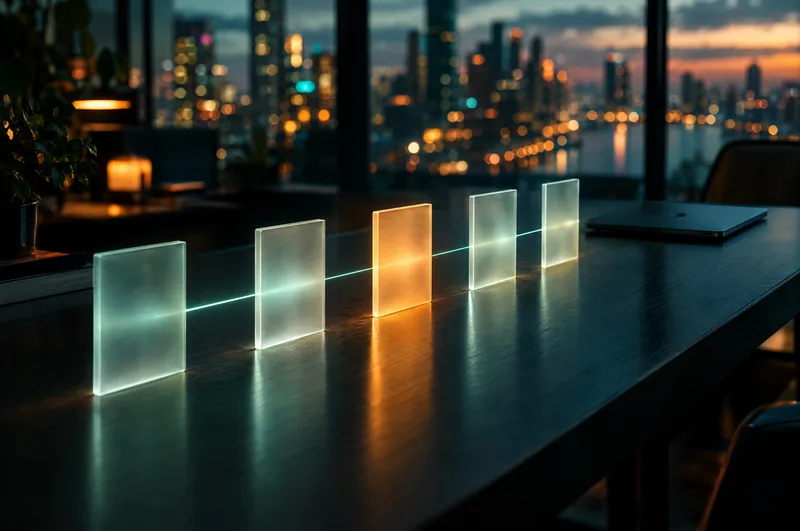 Five frosted glass cards standing in a line on a dark desk, a thread of light running from card to card, a closed laptop at the end.