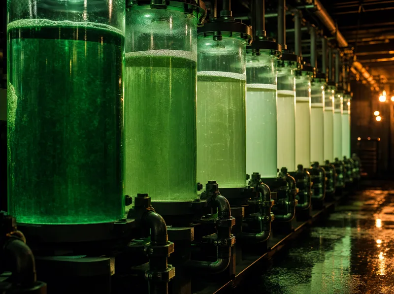 A long row of glass separation tanks in a dim chemical plant, each holding a slightly paler liquid than the one before, lit from the side in deep green.
