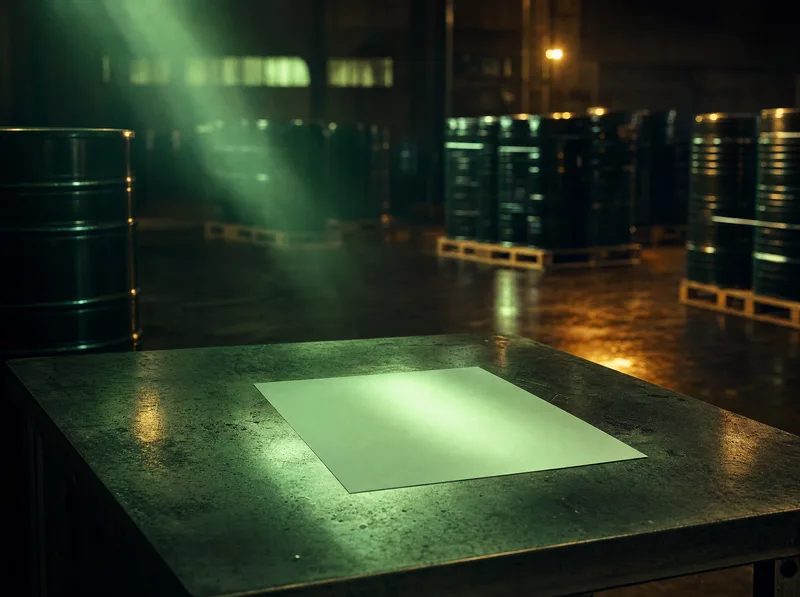 A dim customs warehouse at night, with sealed metal drums on pallets and one shaft of green light falling across a blank sheet of paper on a steel table.