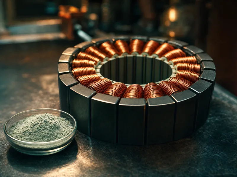 The copper windings of an electric motor ringed by dark magnet blocks, lit warm from one side, with a small glass dish of pale oxide powder beside them.
