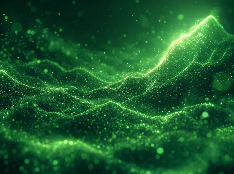 A landscape of glowing green particles, with one bright ridge of light climbing to the upper right.