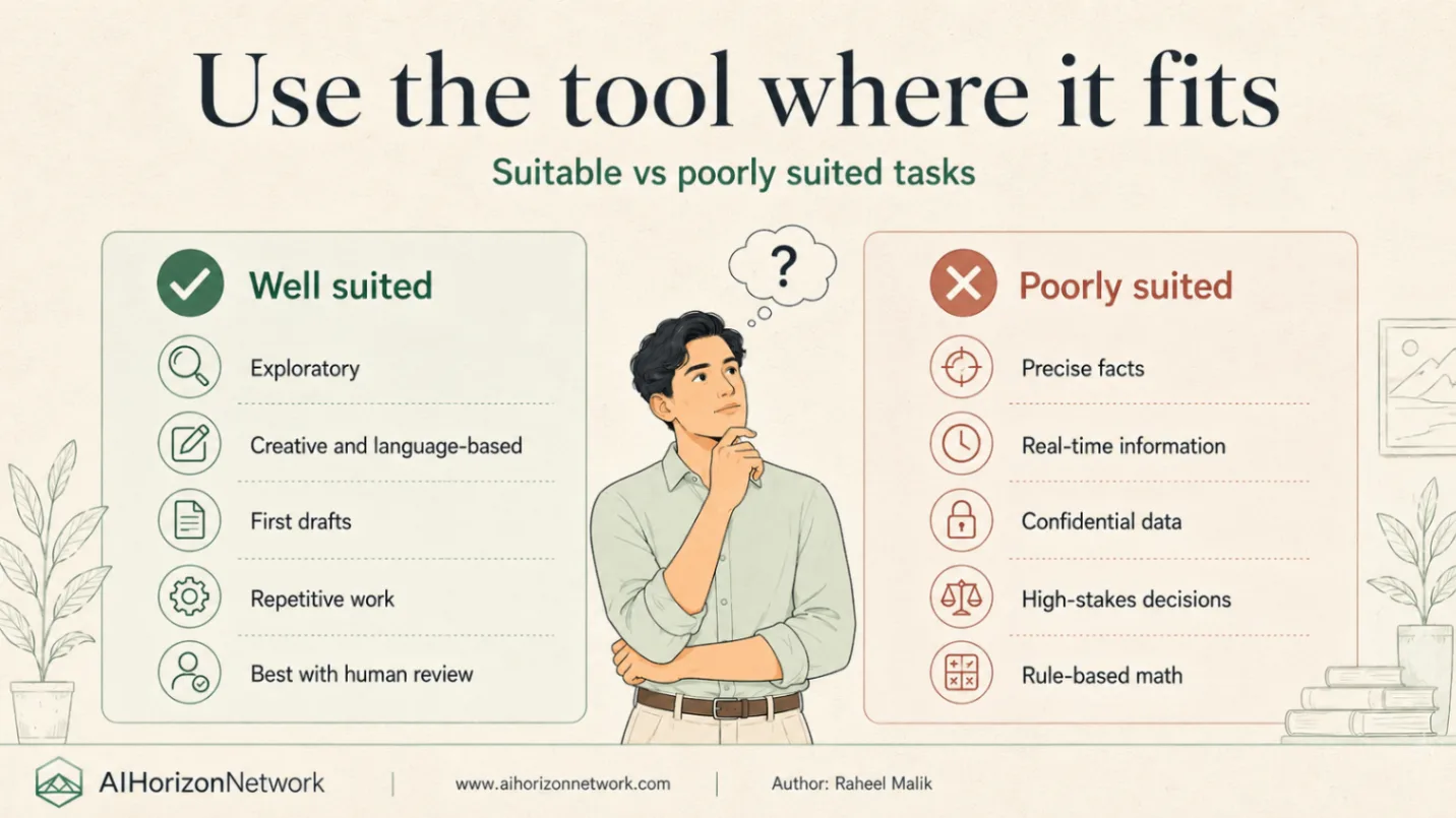 Two lists. Well suited: exploratory work, creative and language-based work, first drafts, repetitive work, and work with human review. Poorly suited: precise facts, real-time information, confidential data, high-stakes decisions and rule-based math.