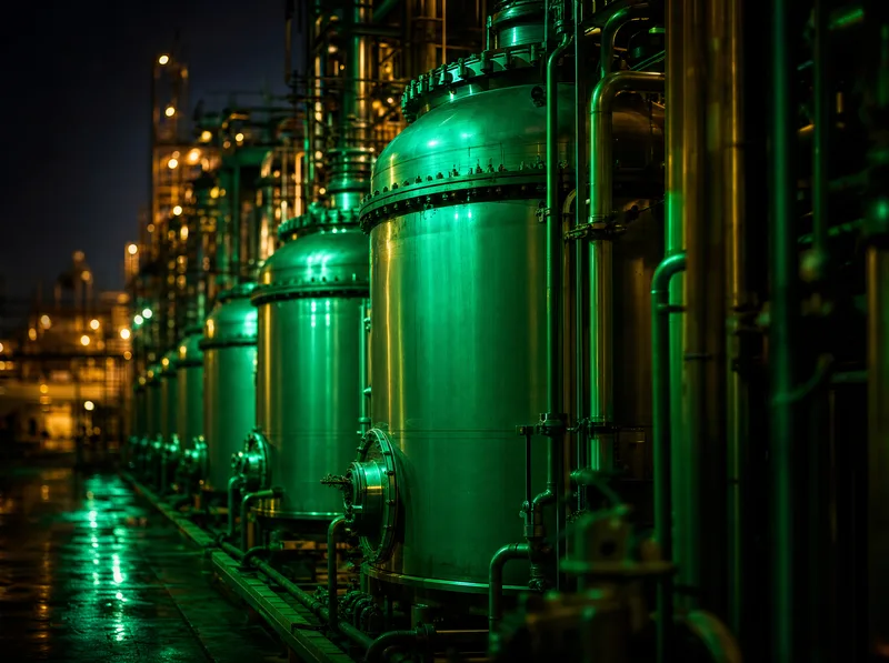 A row of steel solvent extraction tanks in a separation plant at night, lit in green, with pipes running into the dark.