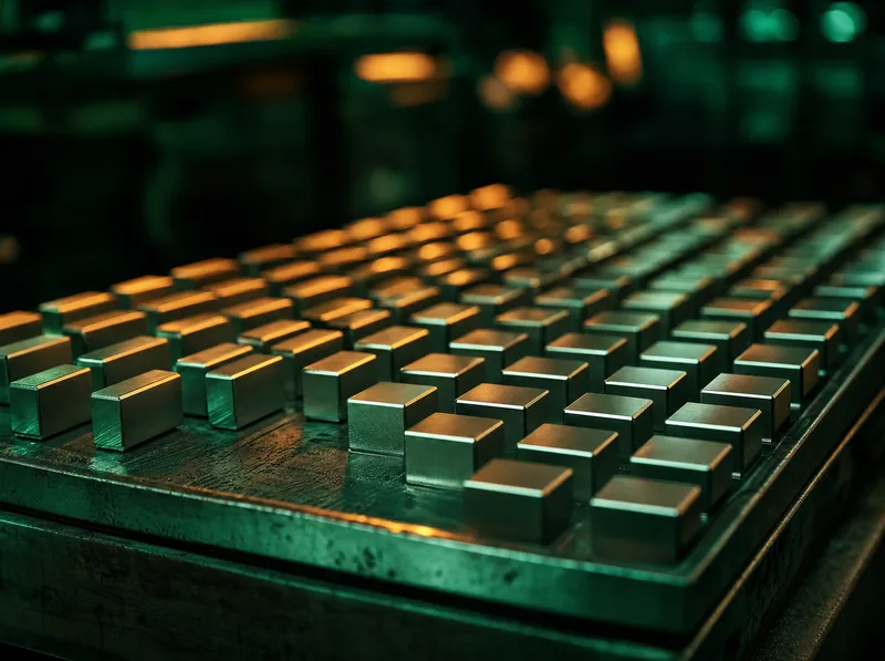 Rows of freshly sintered neodymium magnet blocks on a steel tray in a dim factory, their dark metal edges catching a low green light.
